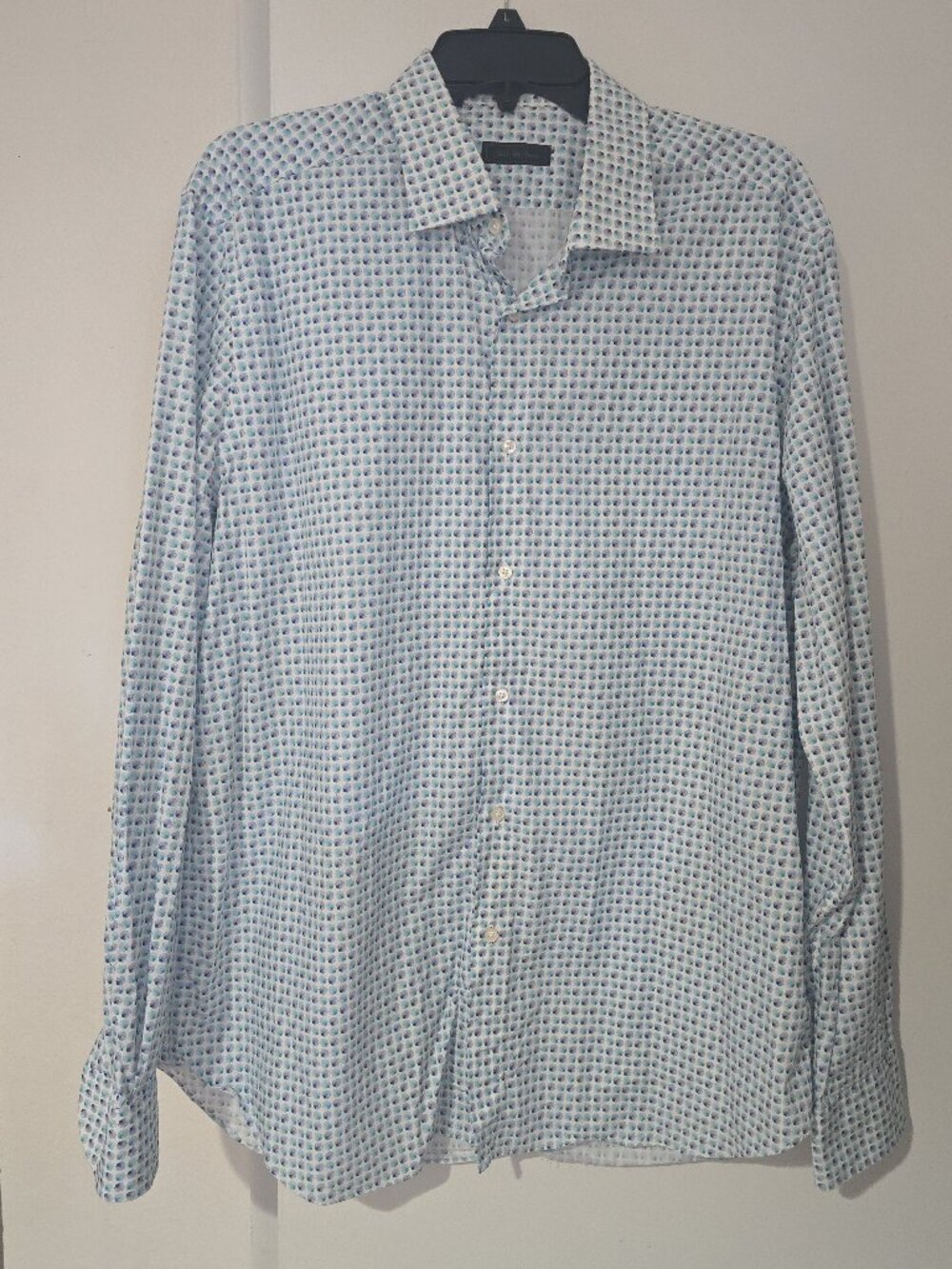 Saks Fifth Avenue Men's XL Dress Shirt White Blue Seashell Print Cotton Long Sle